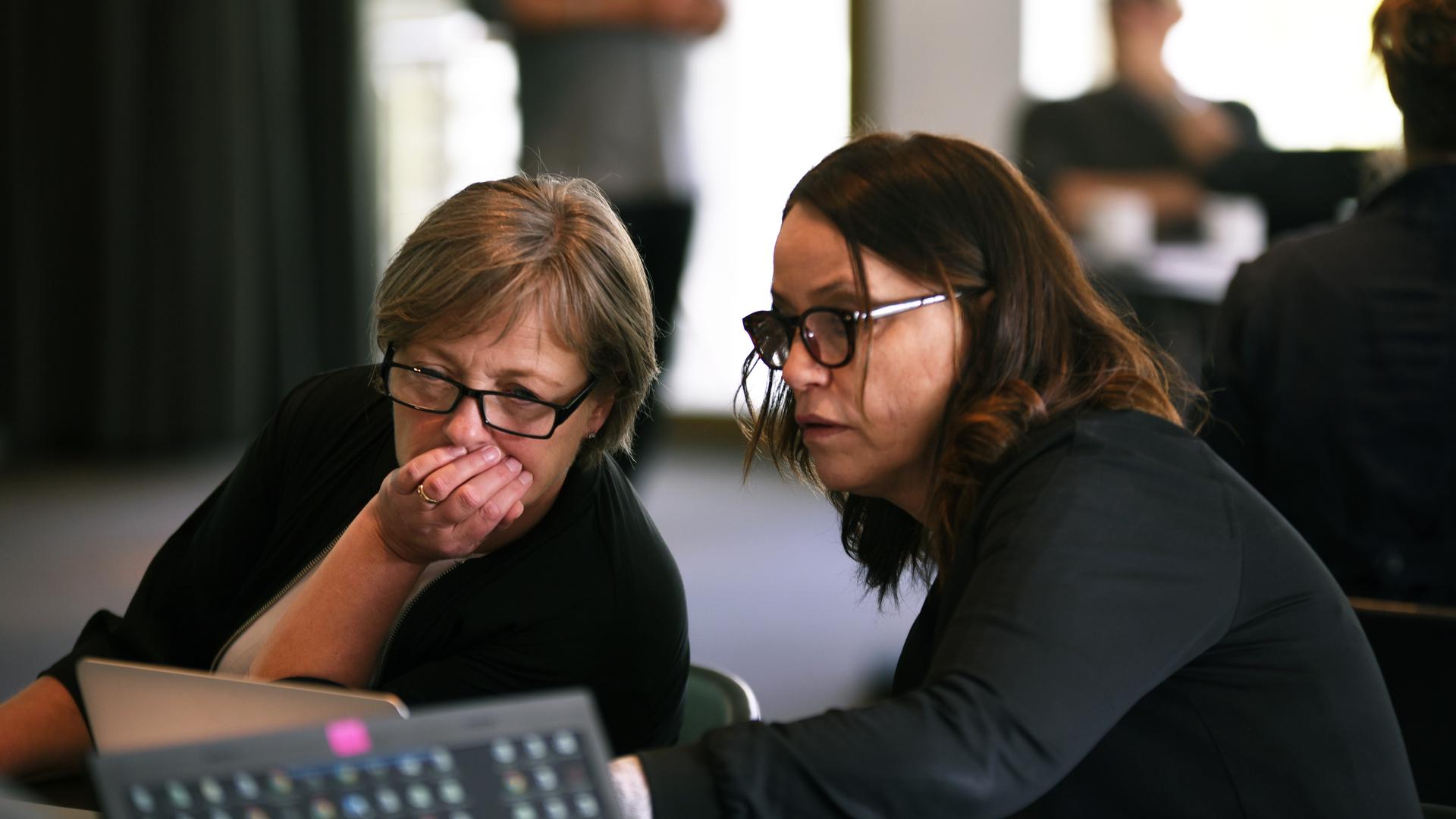 To kollegaer fokuserer sammen på skærm